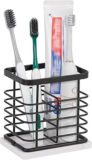 HarJue Toothbrush Holder, Luxurious Metal Toothbrush Toothpaste Holder with Marble Base for Bathroom, Multi-Slots Openwork Design, Bathroom Accessory for Storage and Organizer (Small, Matte Black)