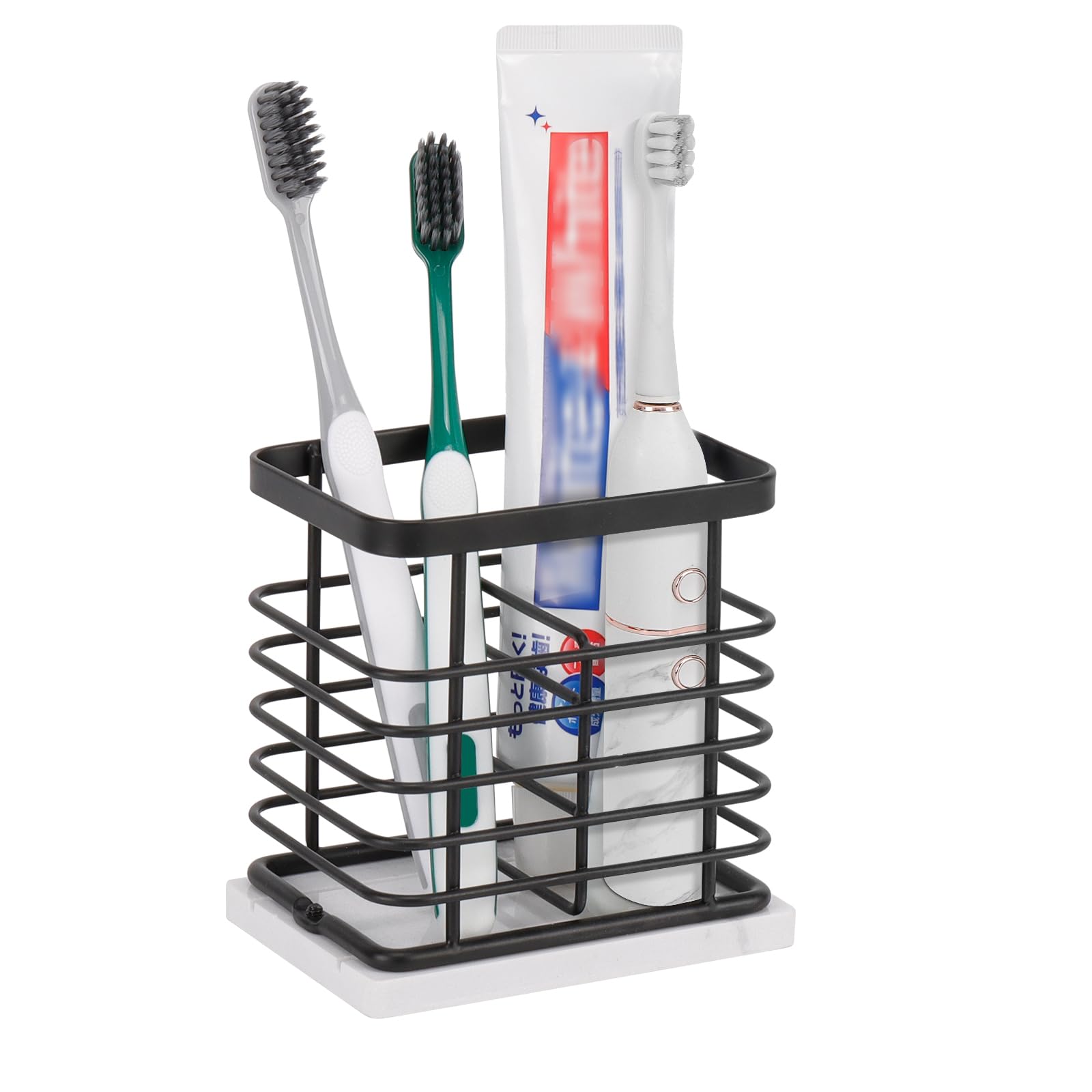 HarJue Toothbrush Holder, Luxurious Metal Toothbrush Toothpaste Holder for Bathroom, Multi-Slots Openwork Design, Bathroom Accessory for Storage and Organizer (Marble Base-2 Slots, Black)