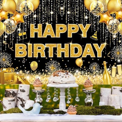 Image of DARSHANAM WORLD Birthday Decoration Backdrop Cloth Curtain (Pack of 1, Size: 5x8 Feet) Background Enhancer Poster,Happy Birthday Sign Theme-(Polyester) (Gold & Black)