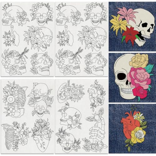DOODLREAM 21Pcs Flower Skull Embroidery Pattern Stabilizer, 8.3