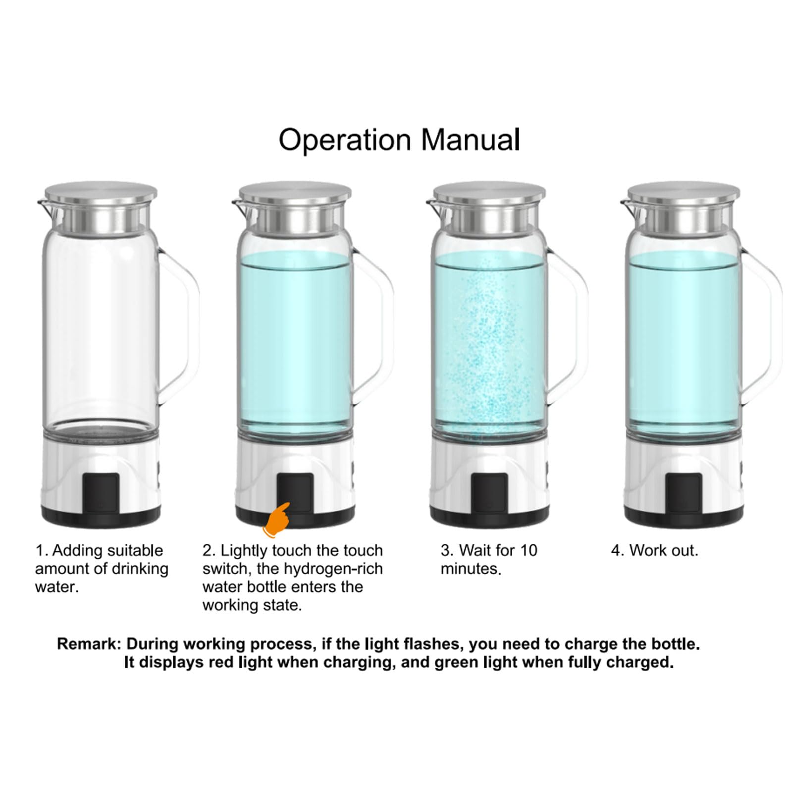 Botella de Agua de Hidrógeno, 1000 Ml, 1000 a 1500 Ppb, Generador de Agua Rica en Hidrógeno de Vidrio de Borosilicato con Mango para el Hogar, Fitness, Oficina