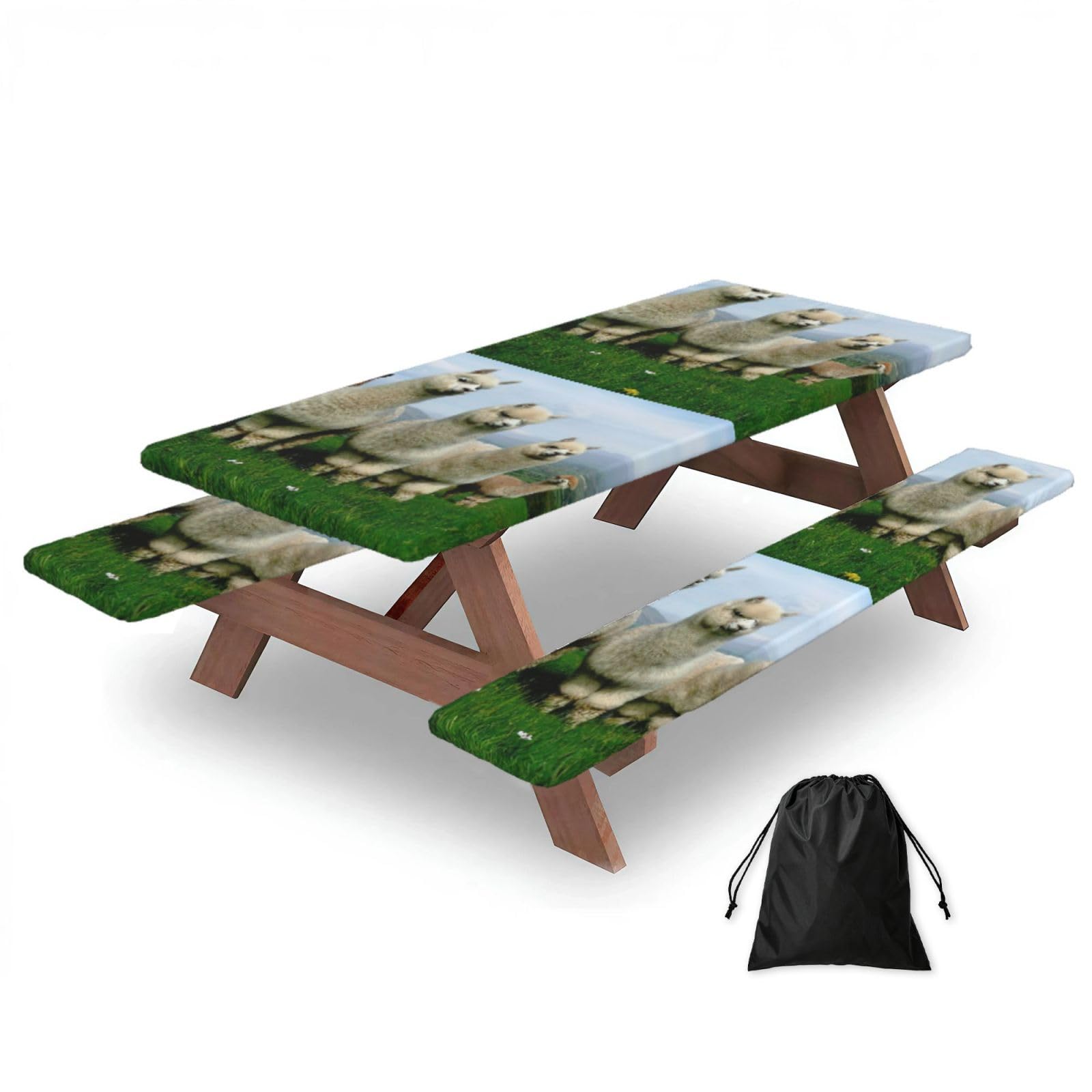 Yqxwjl Black Alpaca Family Print Camping Essentials Waterproof Camping Table And Bench Cover With Drawstring Bag 183 Cm