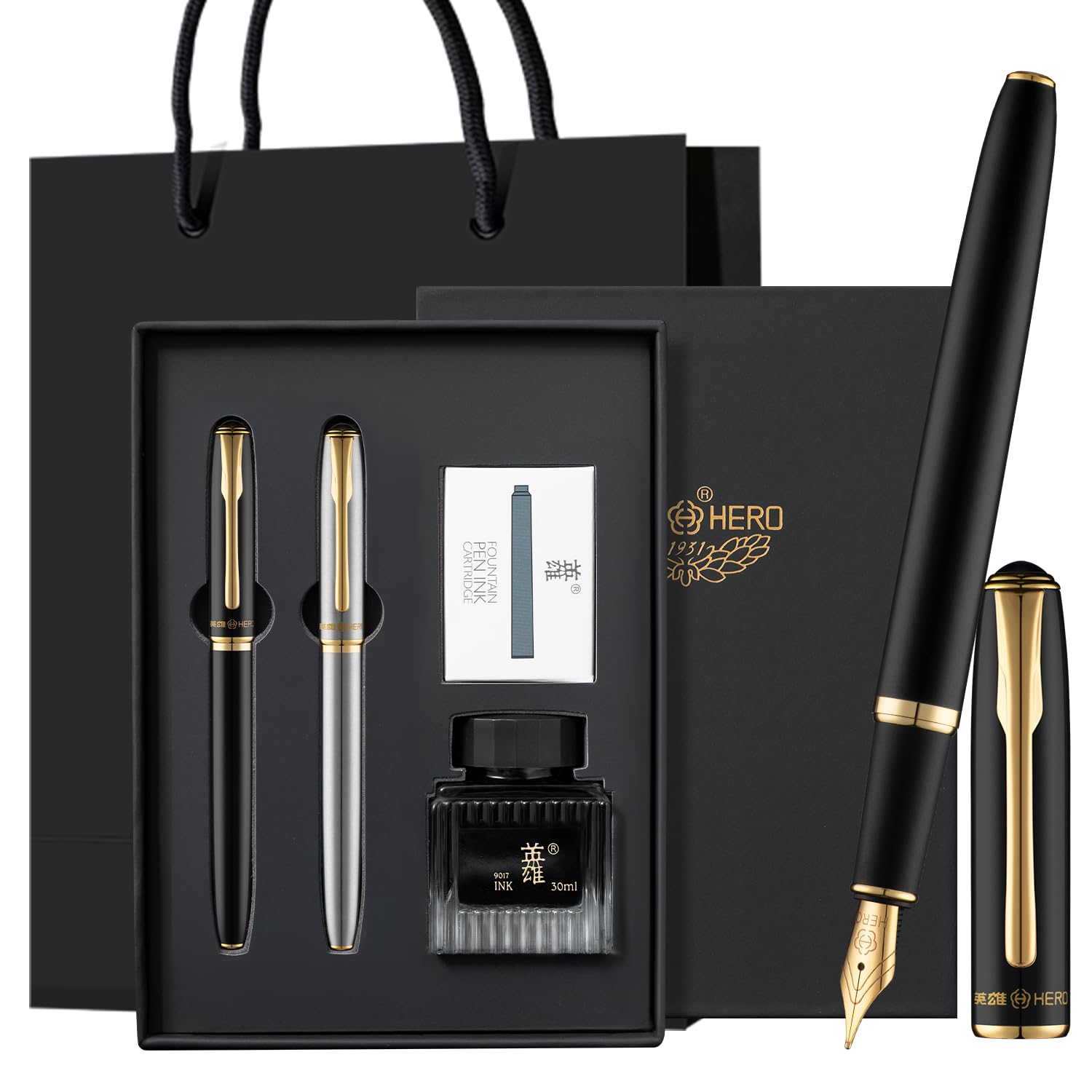 HERO Fountain Pen Set 2 Counts, Gloss Black & Silver, Fine Nib, Smooth Writing Pen with 5 Ink Cartridges & 30ml Ink Bottle, Luxury Gift Box for Journaling, Calligraphy & Daily Use