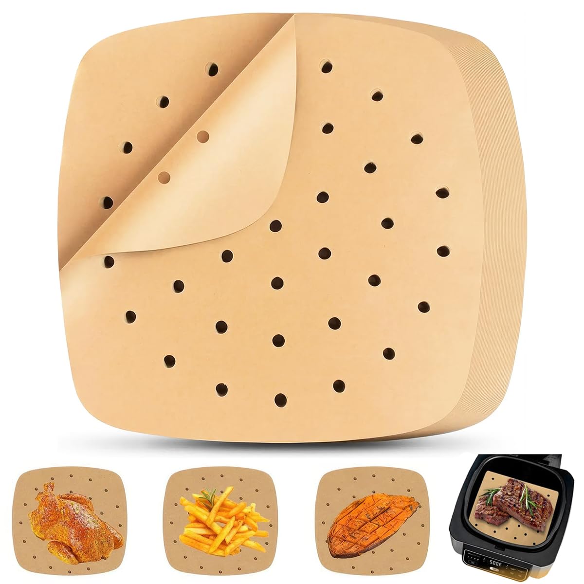 250 Piezas Papel Freidora Aire, Papel Air Fryer Cuadrado, Impermeable, Resistente al Aceite, Antiadherente Paper Perforado Freidora Aire para Horno, Cesta de Vapor