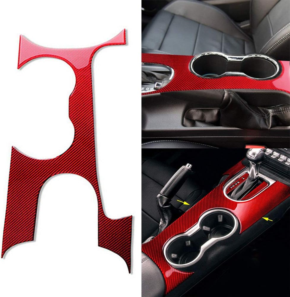 SIKUAI Gear Shift Shifter Panel Cover Trim Interior Decoration for Mustang 2015 2016 2017 2018 2019, Carbon Fiber Red
