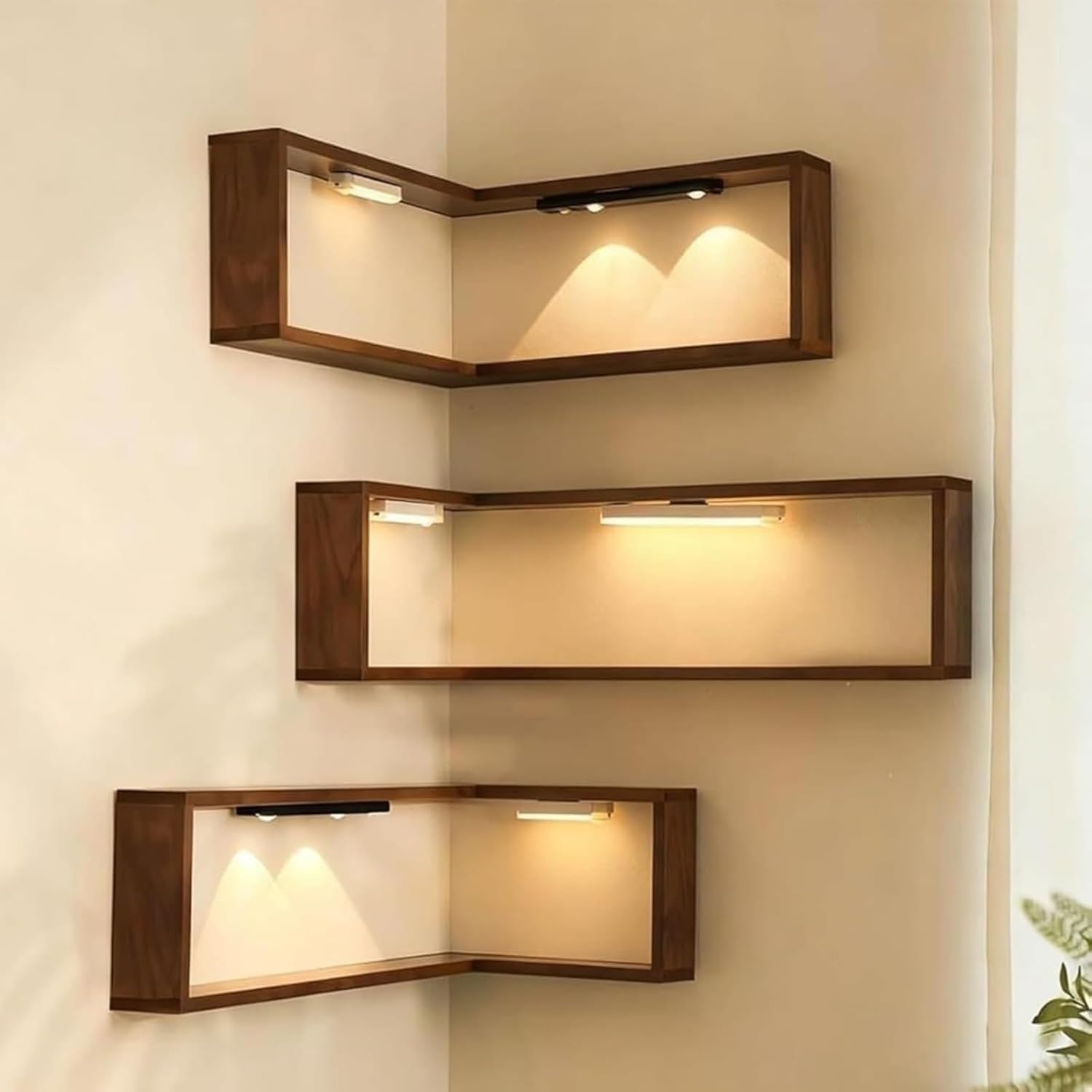Lot de 2 étagères d'angle murales flottantes en noyer pour chambre à coucher, salon, bureau (sans lampe)