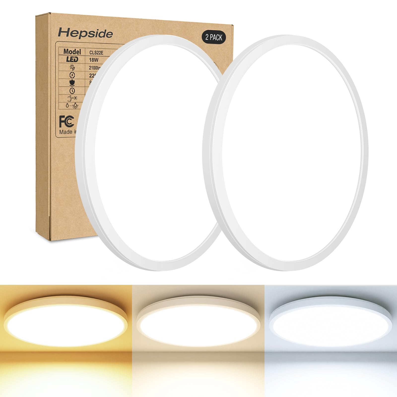hepside 2 Piezas Plafon LED Techo Cocina 18W 1980LM, 22cm 3 colores 3000/4000/6500K Lampara Techo LED,IP44 Impermeable Luz,Ultra Delgado Downlight para Salon,Dormitorio,Habitacion,Pasillo,Baño