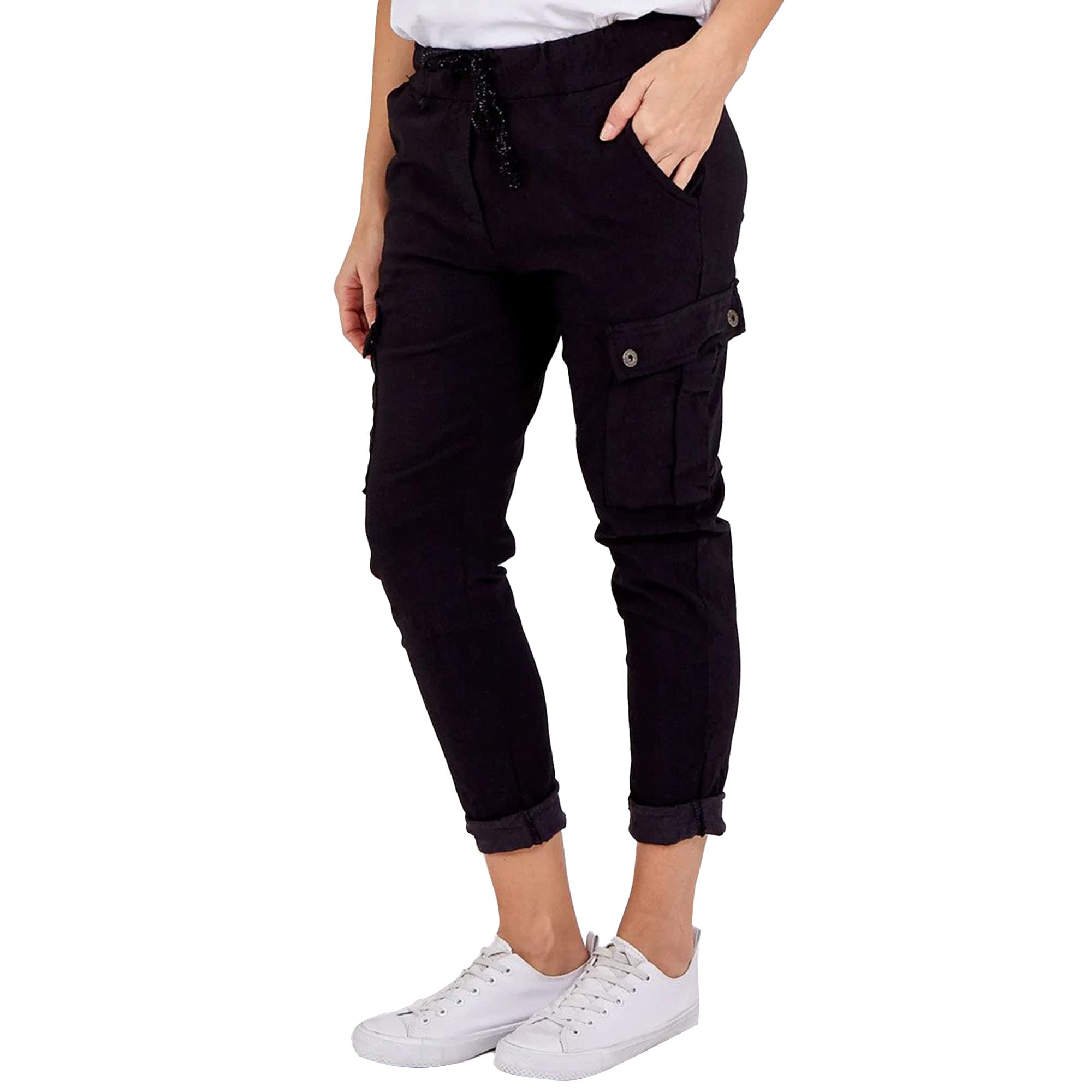 candid styles Ladies Magic Super Stretch Italian Cargo Trousers Womens Crushed Casual Leggings Look Joggers Pants 8-22, Black, 8-14-picture-52