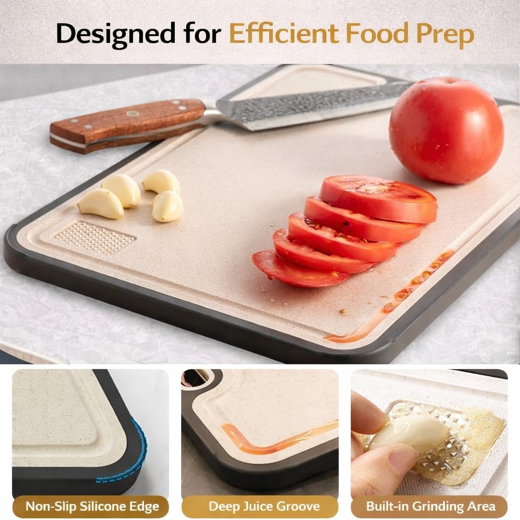 Titanium Cutting Board for Kitchen, 2-in-1 Double Sided Design with Titanium & Wheat Straw PP, Easy to Clean Surface, Juice Groove, Garlic Grinding Area, Dishwasher Safe