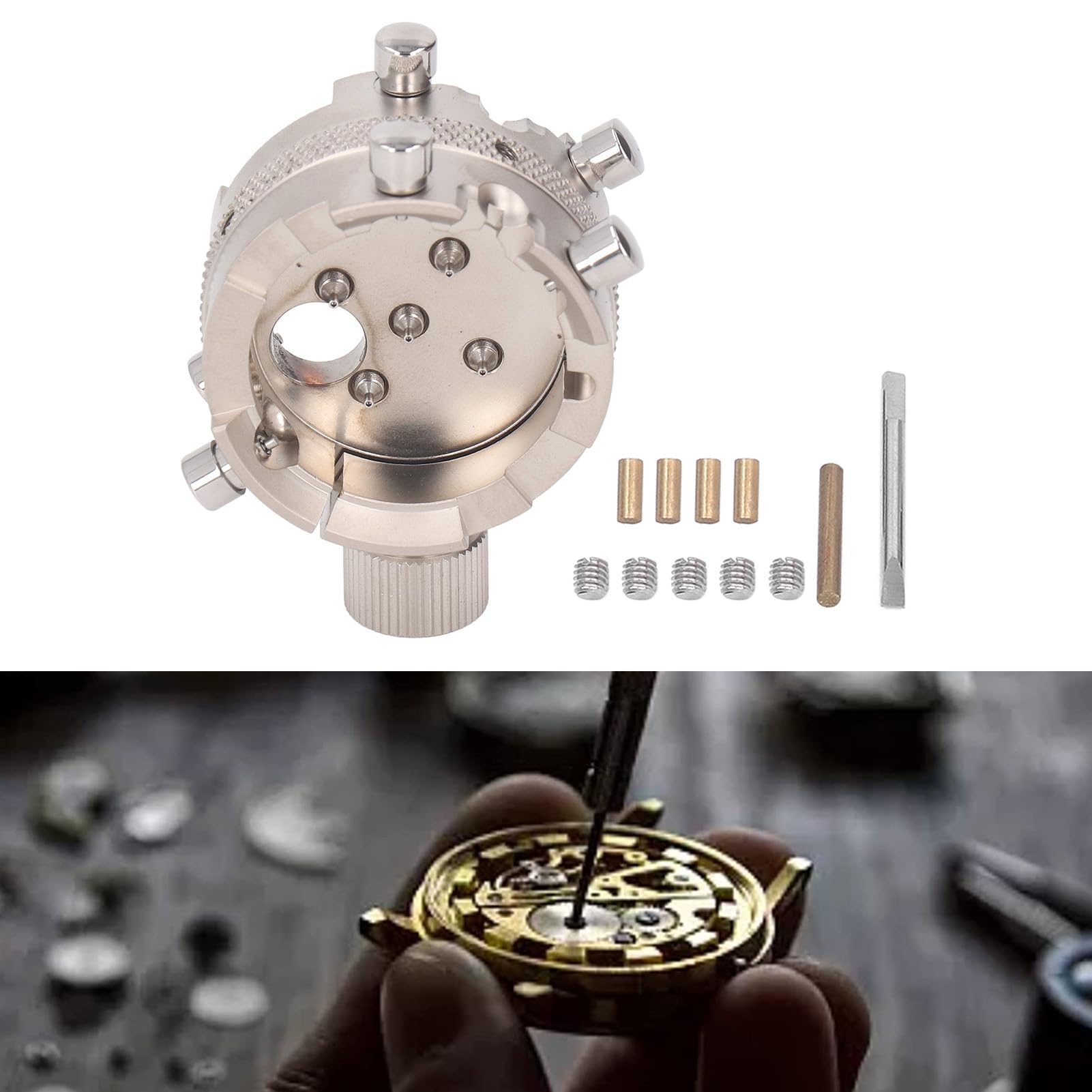 Soporte de movimiento de reloj de acero inoxidable para movimiento 7750, herramienta de ajuste de fijación segura con tornillos de tope y columnas de latón para relojeros
