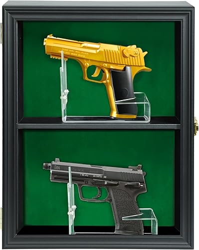 Miniatura 8 de COMSREV 2 Handgun Pistol Revolver Gun Display Case Wall Mount Lockable Black Felt Wood Cabinet w 98% UV Protection Acrylic Clear Door Gun Shadow Box