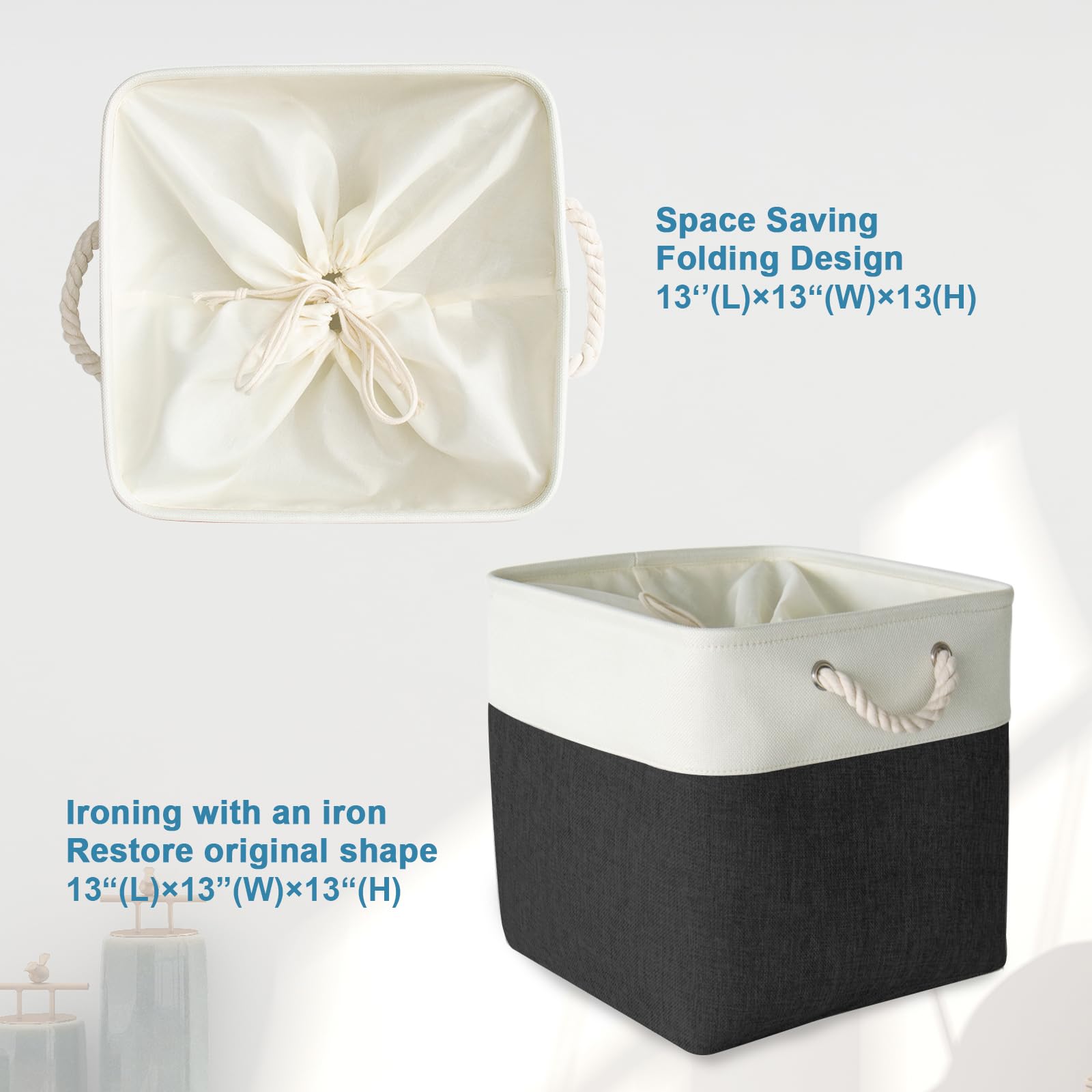 HOdo Home 3-Pack Foldable Storage Bins – Canvas Baskets With Drawstring & Handles For Organizing (White&Black, 15.8x11.8x9.5in)