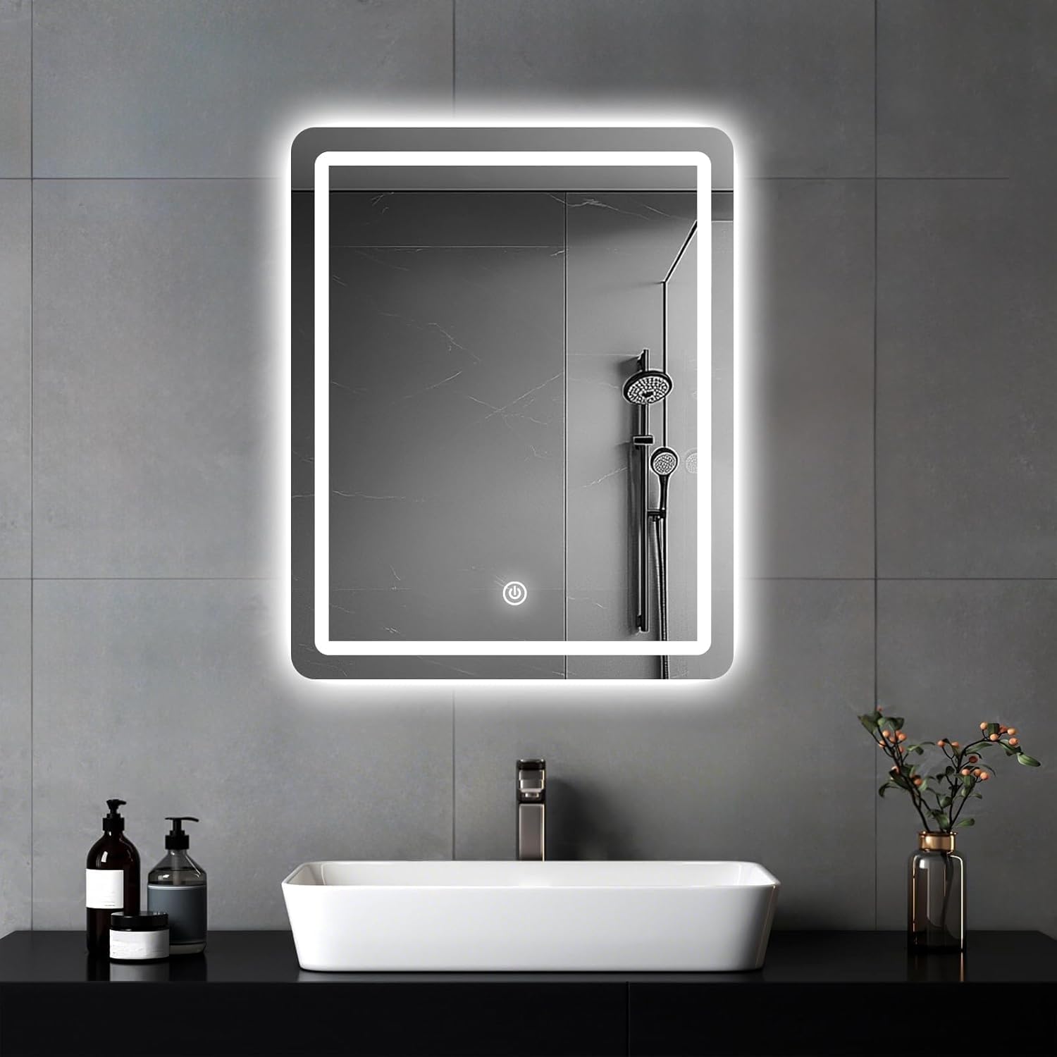 Yipu Specchio Da Bagno LED A Parete Con Dimmer E Memoria - Touch, Antiappannamento, Installazione Verticale/Orizzontale, Nero