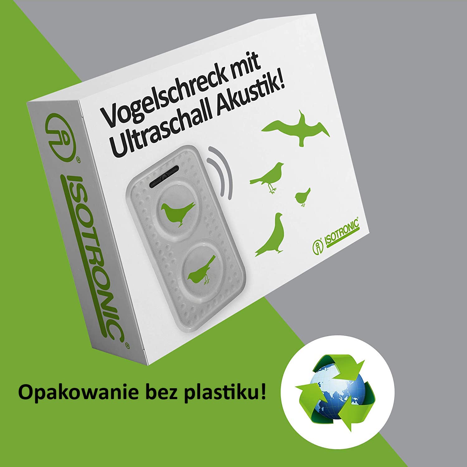 ISOTRONIC Ultradźwiękowy odstraszacz ptaków i gołębi – Bateryjny – Na balkon, dach i do ogrodu – Skuteczny na wróble, mewy i wrony – Zasięg 50 m² (2 sztuki)