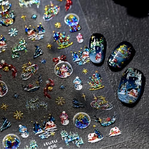 Image of Christmas Crystal Ball Nail Stickers Snowman Nail Art Stickers with Gold Design 5D Embossed Self Adhesive Nail Decals for Nails Art Xmas Manicure Decoration Accessories for Women Girls