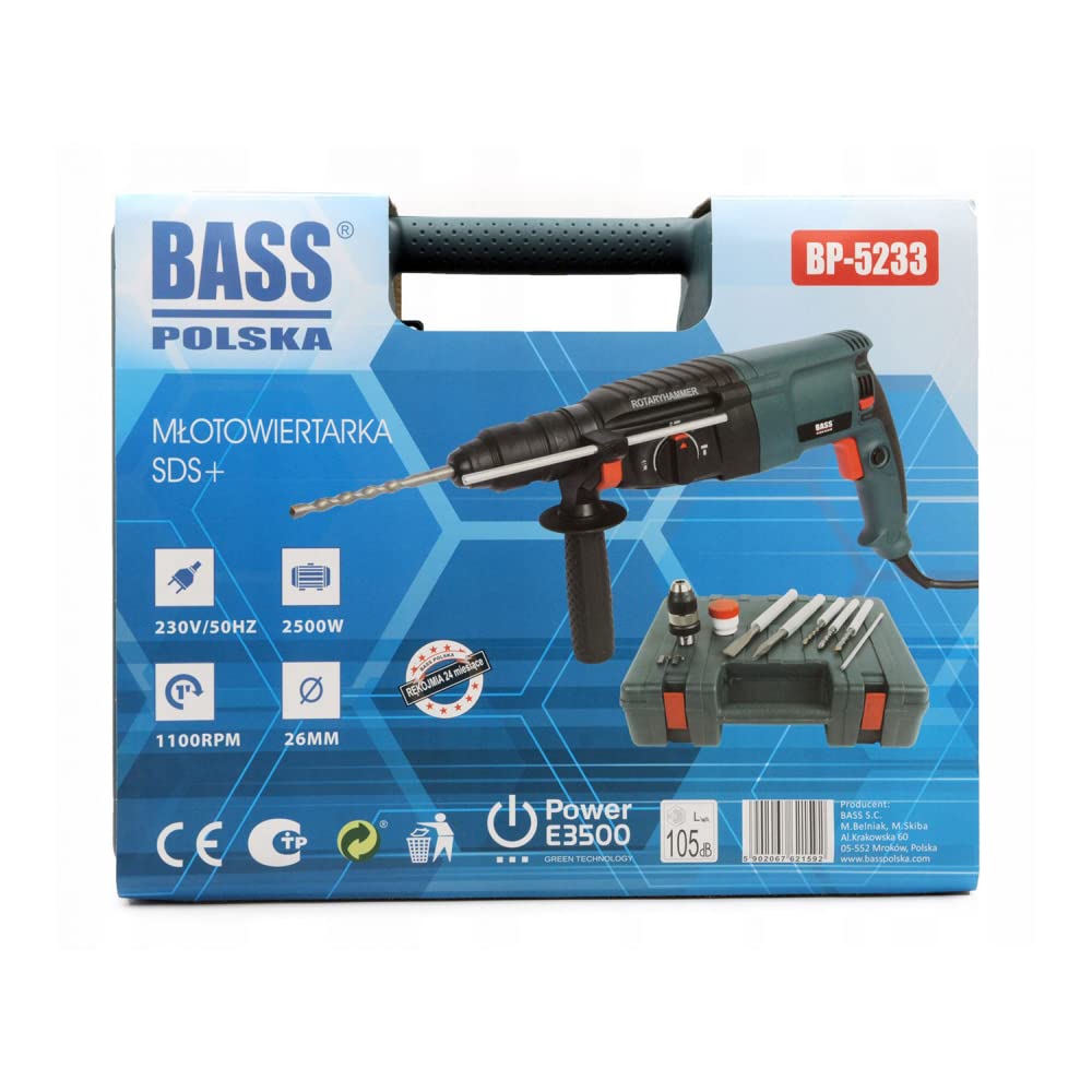 BASS młot udarowo-obrotowy z zestawem wierteł i dłuto SDS plus 2400 W