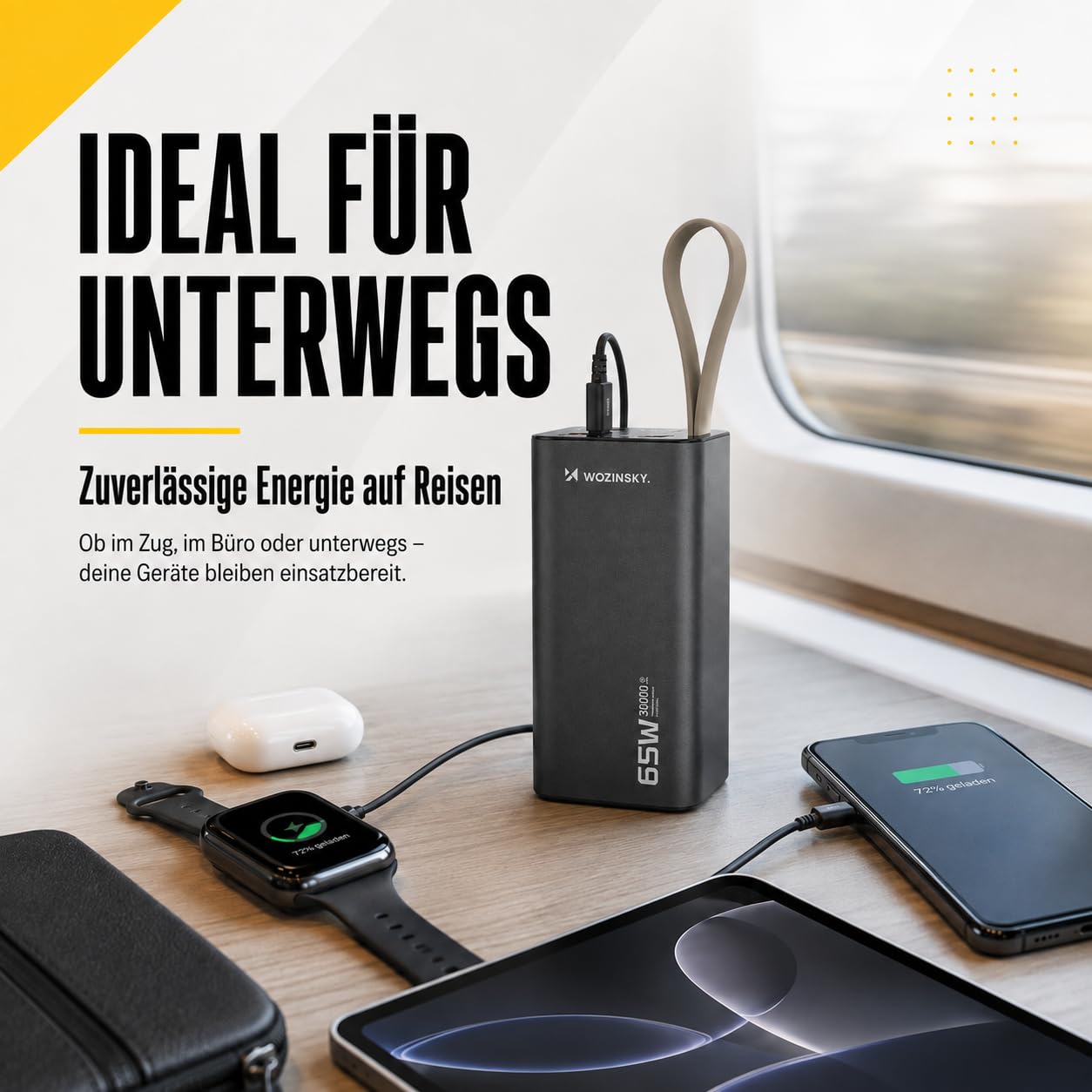 WOZINSKY Externer Akku Power Bank, 30.000 mAh, K65+ 65 W, 2 USB-C-Anschlüsse, 1 USB-A-Anschluss, Schnellladung, Schwarz