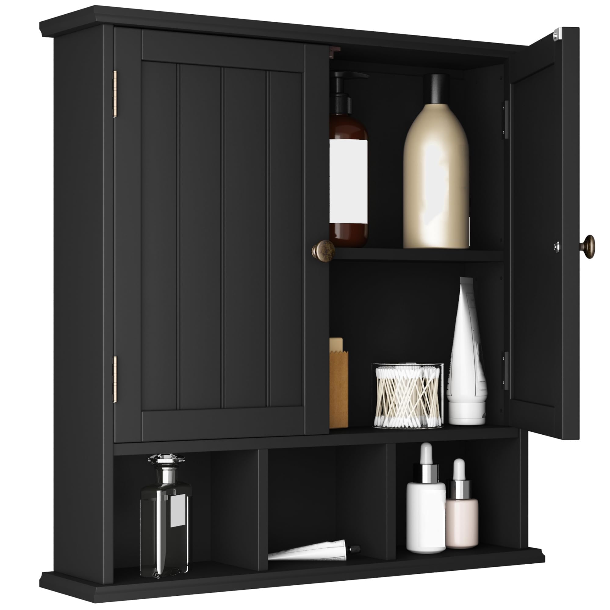 ChooChoo Bathroom Cabinet Wall Mounted 2-Door with 3 Open Shelves， Wooden Medicine Cabinets with Adjustable Shelf，Space Saver Storage Cabinets Over