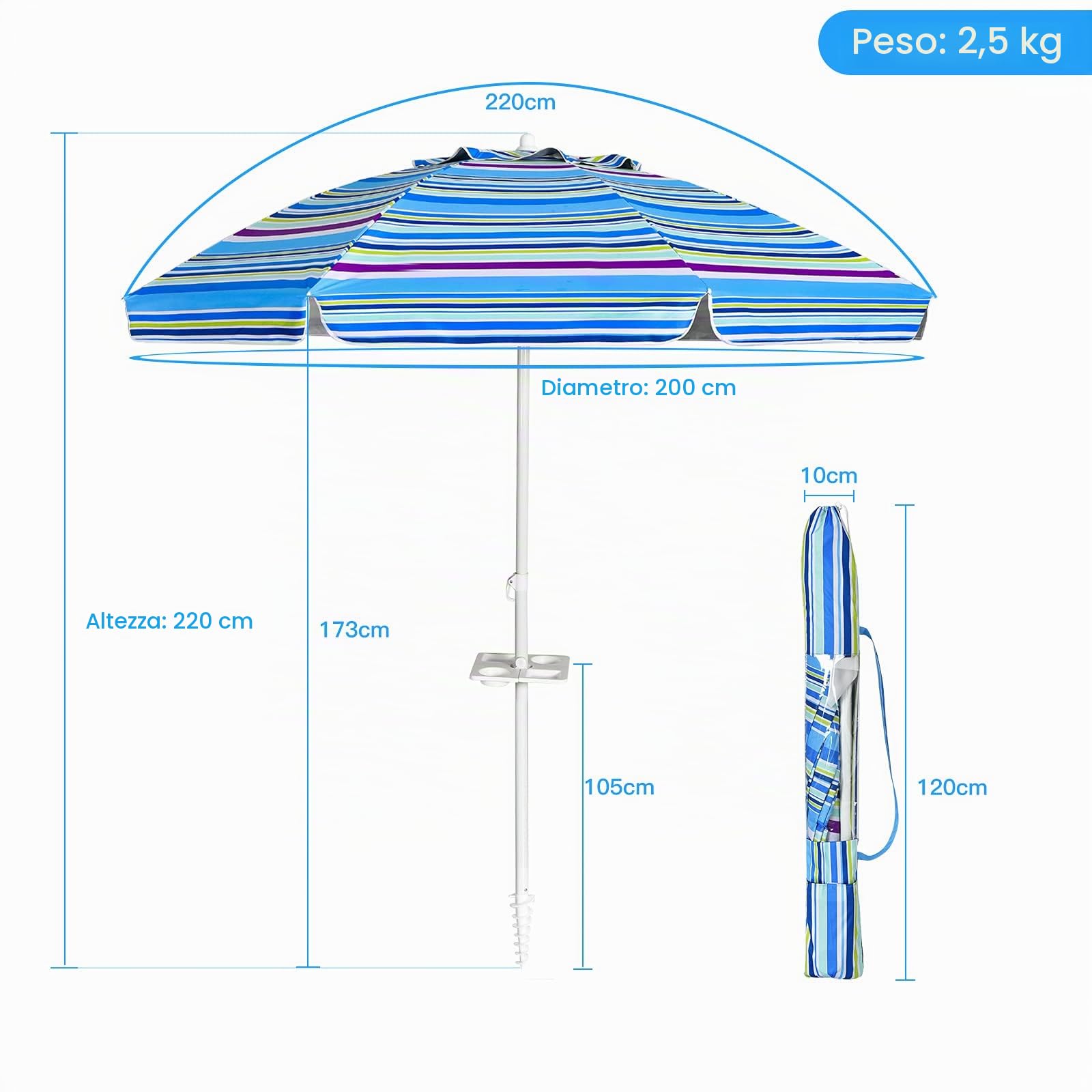 GIANTEX Ombrellone da spiaggia, con ancoraggio e portabicchieri, inclinabile, da giardino, terrazza, con borsa per il trasporto, parasole rotondo UV50+