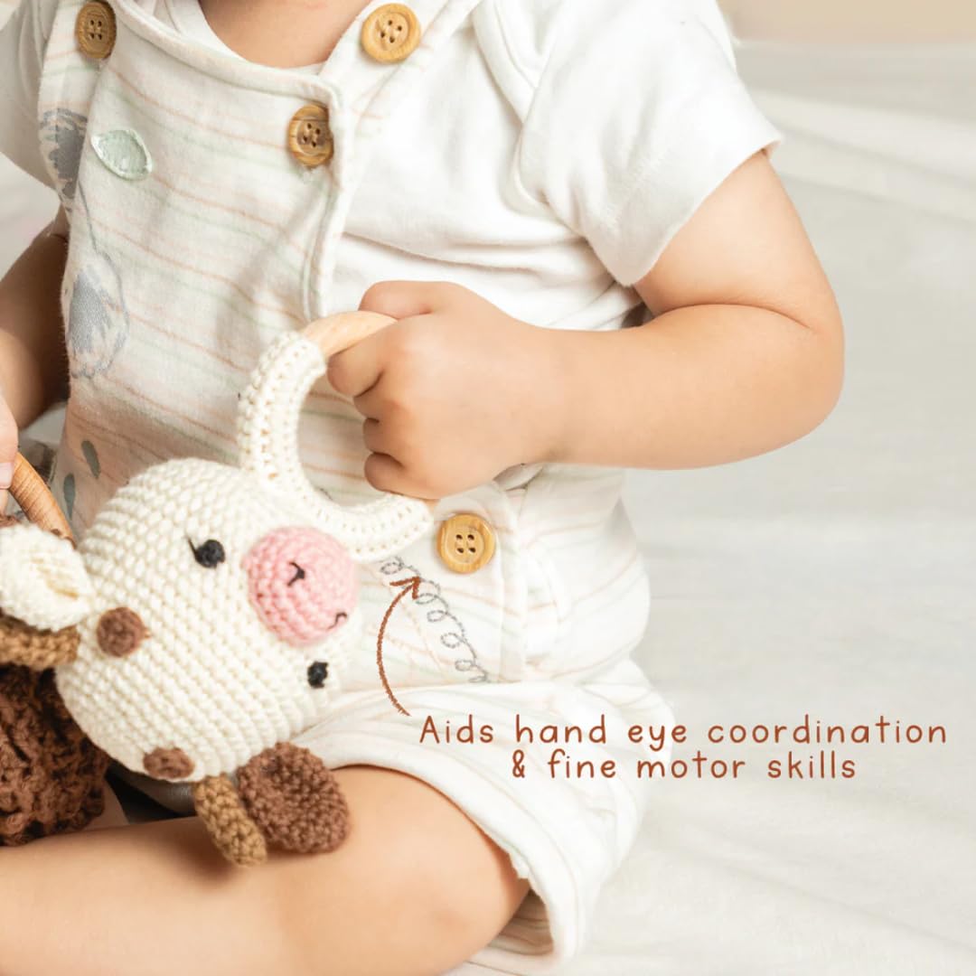 Gubbachhi Crochet & Wooden Rattle for Babies 0-6 Months | Handmade in India | Baby Rattle for Newborn Gifting | Helps Develop Motor & Sensory Skills | 100% Natural Cotton & Wood (AMBA Cow) 2