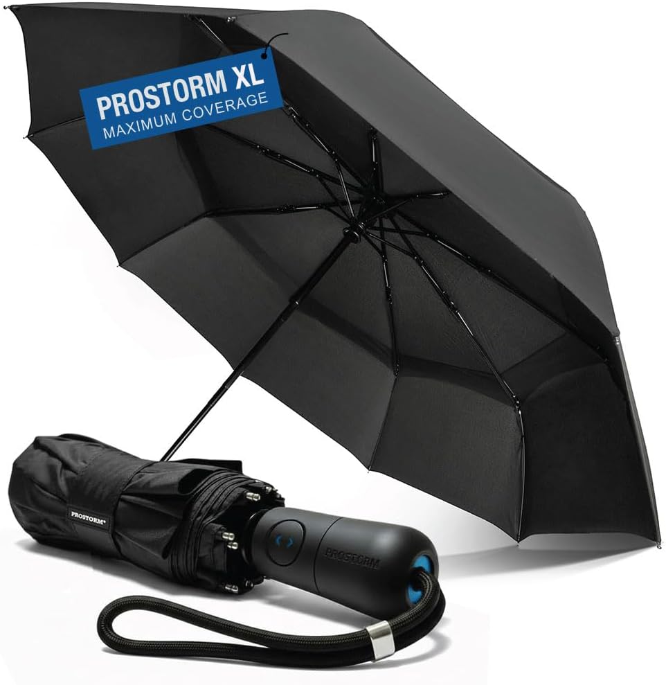 Prostorm Vented Travel Umbrella | Strong Compact Windproof Umbrella | Deep Dome Coverage | Auto Open/Close | Portable Pop Up with Large Coverage | Fits Car & Backpack