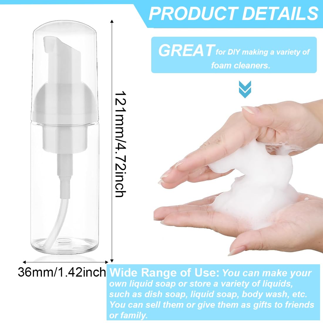 3 Pezzi Dispenser Sapone Schiuma - 50 ml Bottiglia Transparent Riutilizzabili per Cosmetici, Lozione, Bagno, Shampoo Liquidi (Trasparente)
