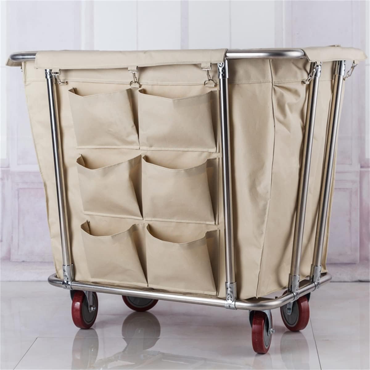 Carro De Lavandería De Acero Inoxidable De Alta Resistencia para Hoteles con Bolsas Extraíbles, Carro De Lavandería Comercial De 400 litros con Ruedas, Carros De Limpieza Beige B