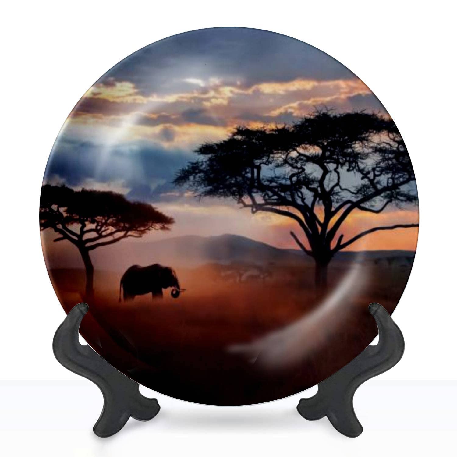 Decorative Plates Wild African elephant in savannah National Park of Tanzania African Wall Decor Ceramic Ornament with Display Stand and Hook Up for Festival, Parties, Wedding 8