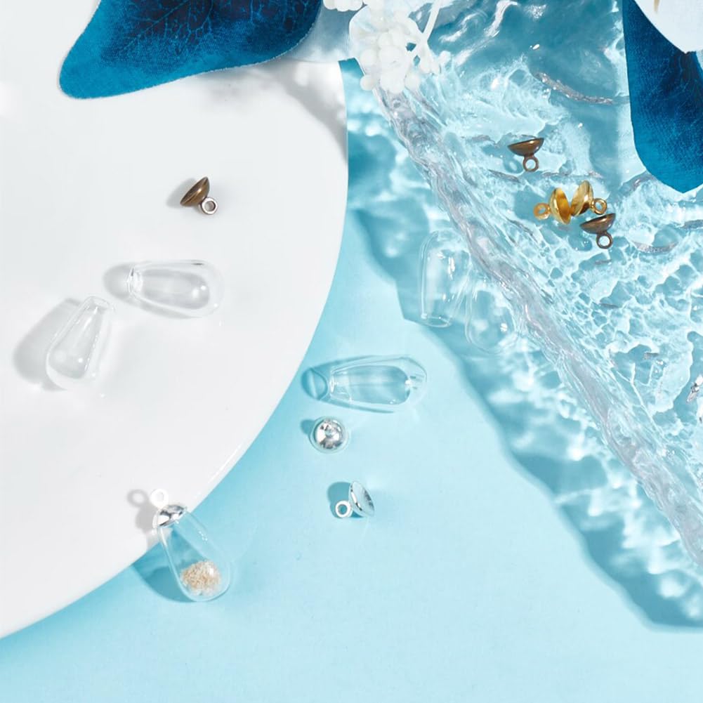 DELORIGIN 9Pcs 20mm Tear Drop Empty Glass Locket Beads Clear Hollow Vial Pendant Charm Mini Wish Glass Bottle Waterdrop Bead Charm With 9 Styles Alloy Cap for Earring Necklace Jewelry Making - Image 4