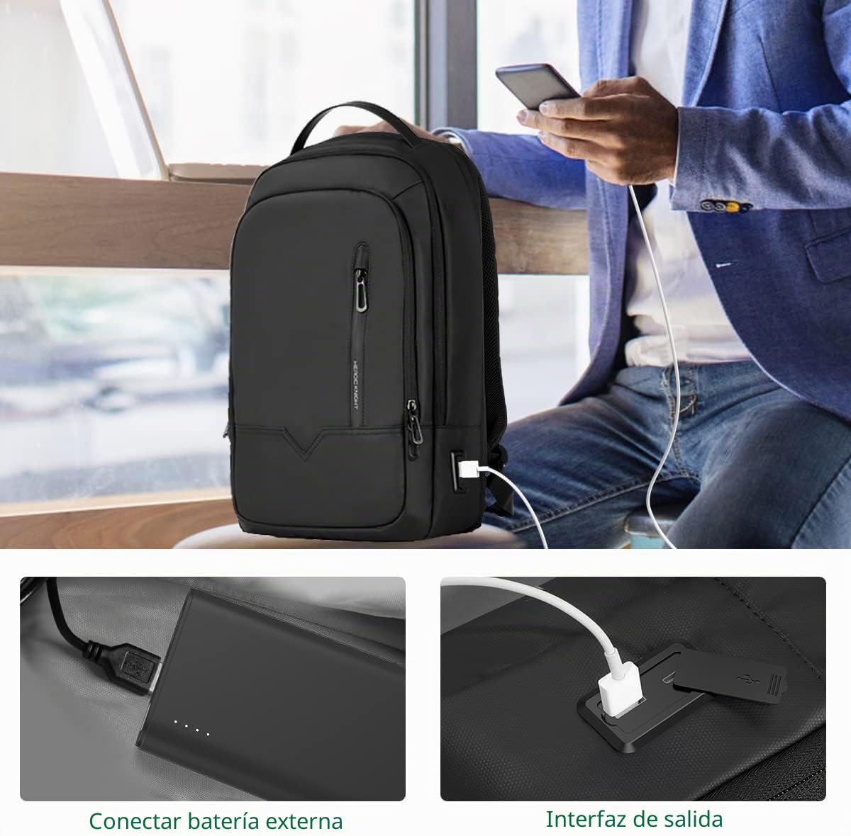 Mochila Expandible para Laptop 15.6'' con Puerto USB, Impermeable, Ligera y Antirrobo, de 18 a 25 L, Ideal para Oficina, Viajes y Escuela, para Hombres y Mujeres - Negro