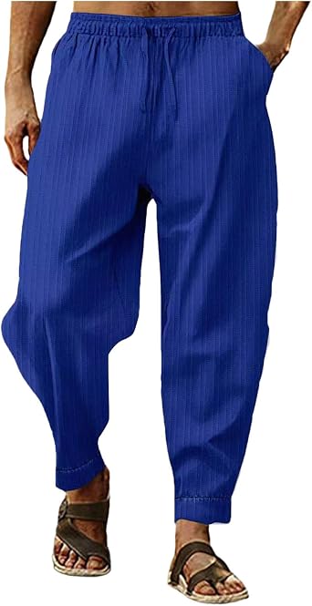 Xiaojmake Mens Cotton Linen Pants Striped Textured Harem Pants Casual Gauze Pants Lightweight Loose Beach Summer Fall Joggers