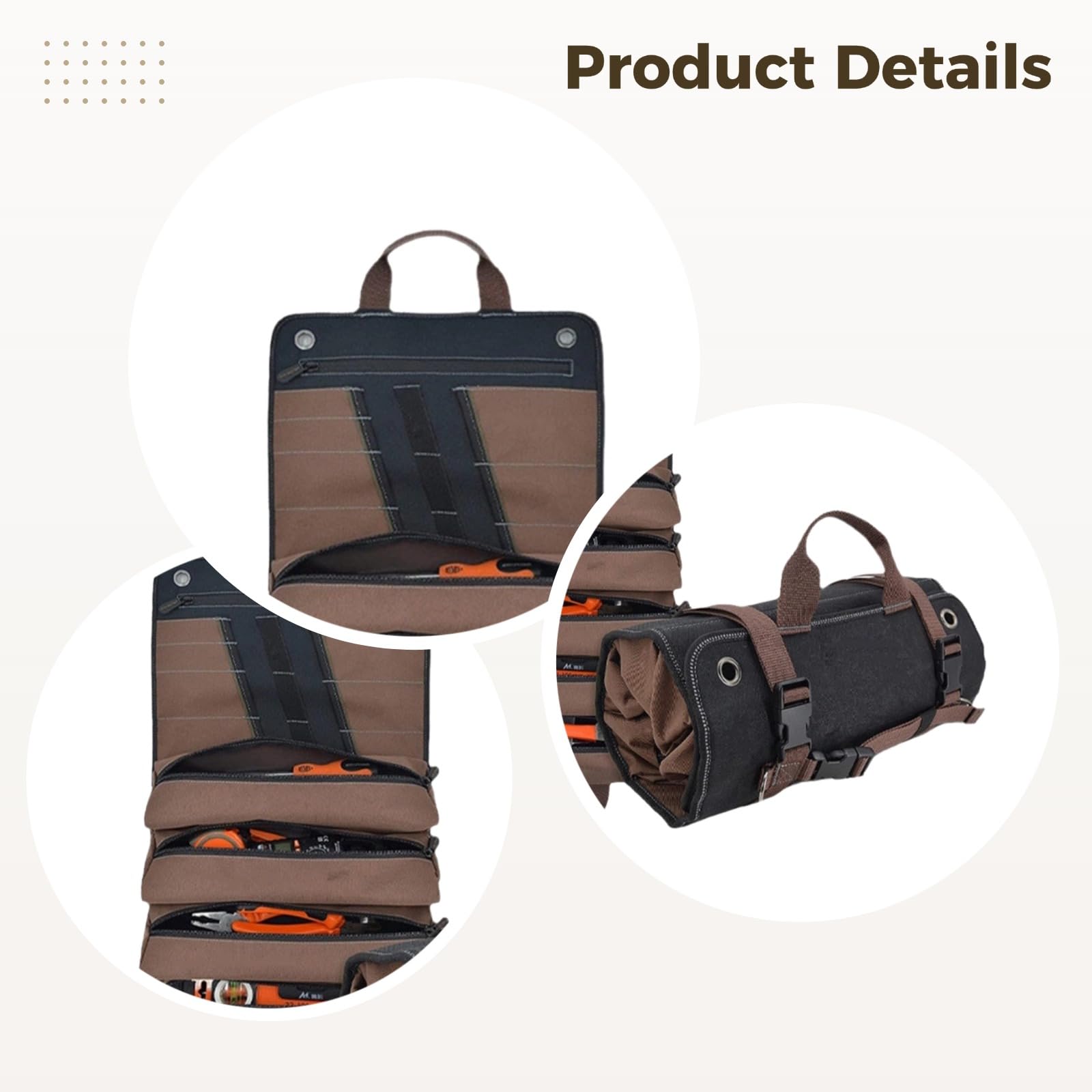 Werkzeug Rolltasche Organizer, aufrollbare Werkzeugtasche mit 5 Fächern, doppelte Tragegriffe und Metallringe, wasserfest, 12 Zoll, robuste Rolltasche für Werkzeuge, für Werkstatt und unterwegs