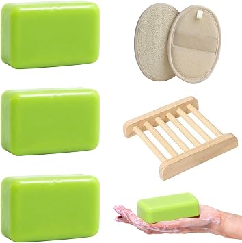 Tea Tree Oil Soap Bar, Natural Organic Soap Bar with Loofah and Wooden Holder, Antifungal Face & Body Wash Soaps for Itching, Acne, Athlete's Foot, 3x100g