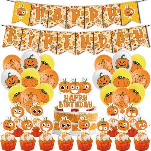 Generic 32Pcs Pumpkin Theme Birthday Party Supplies and Decorations: Pumpkin Happy Birthday Banner Latex Balloons Cupcake Toppers Set for Kids Family