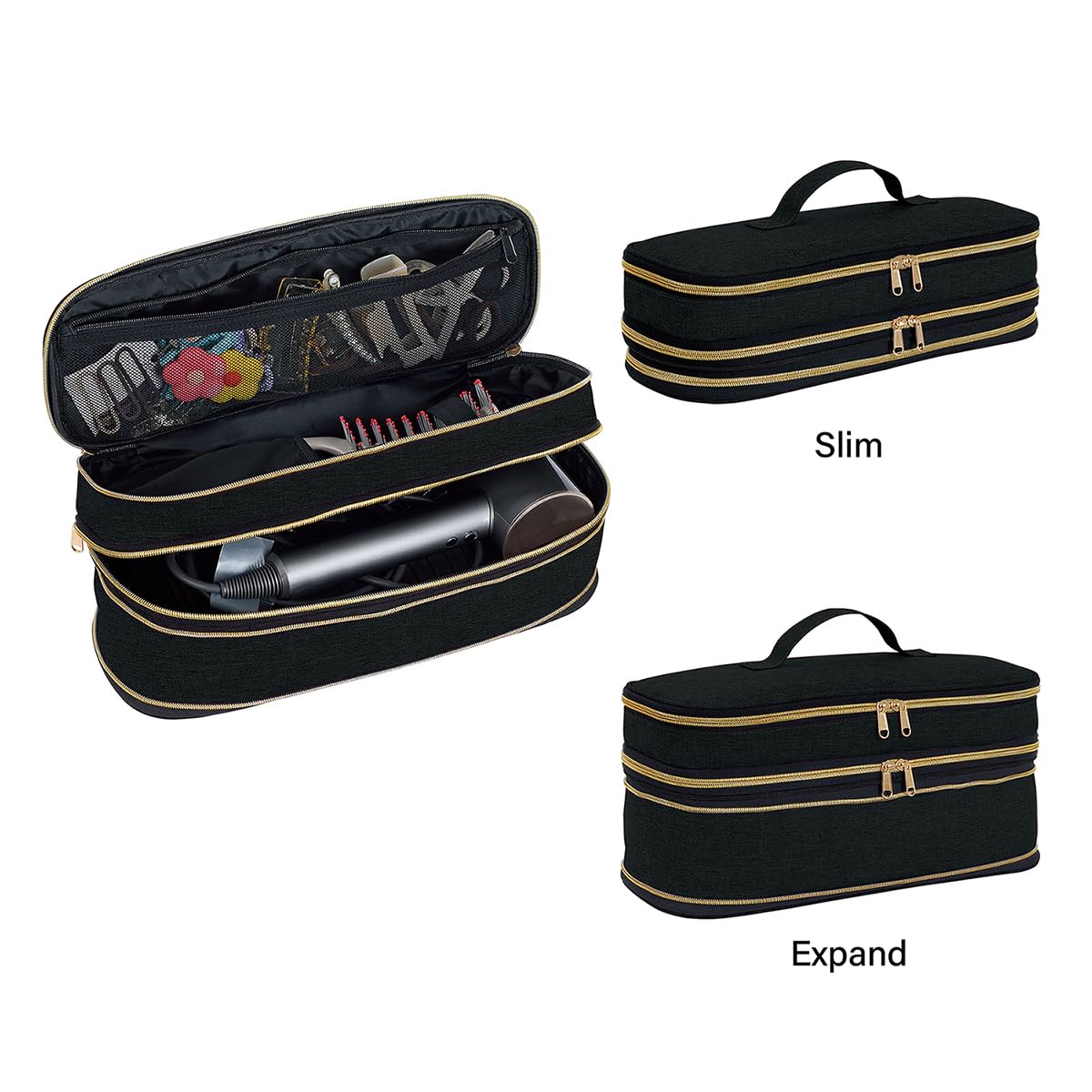 Bolsa de transporte para secadora de pelo, bolsa de almacenamiento de rizador, bolsa de almacenamiento de viaje de doble capa expandible delgada para secadora, organizador de herramientas para el 3