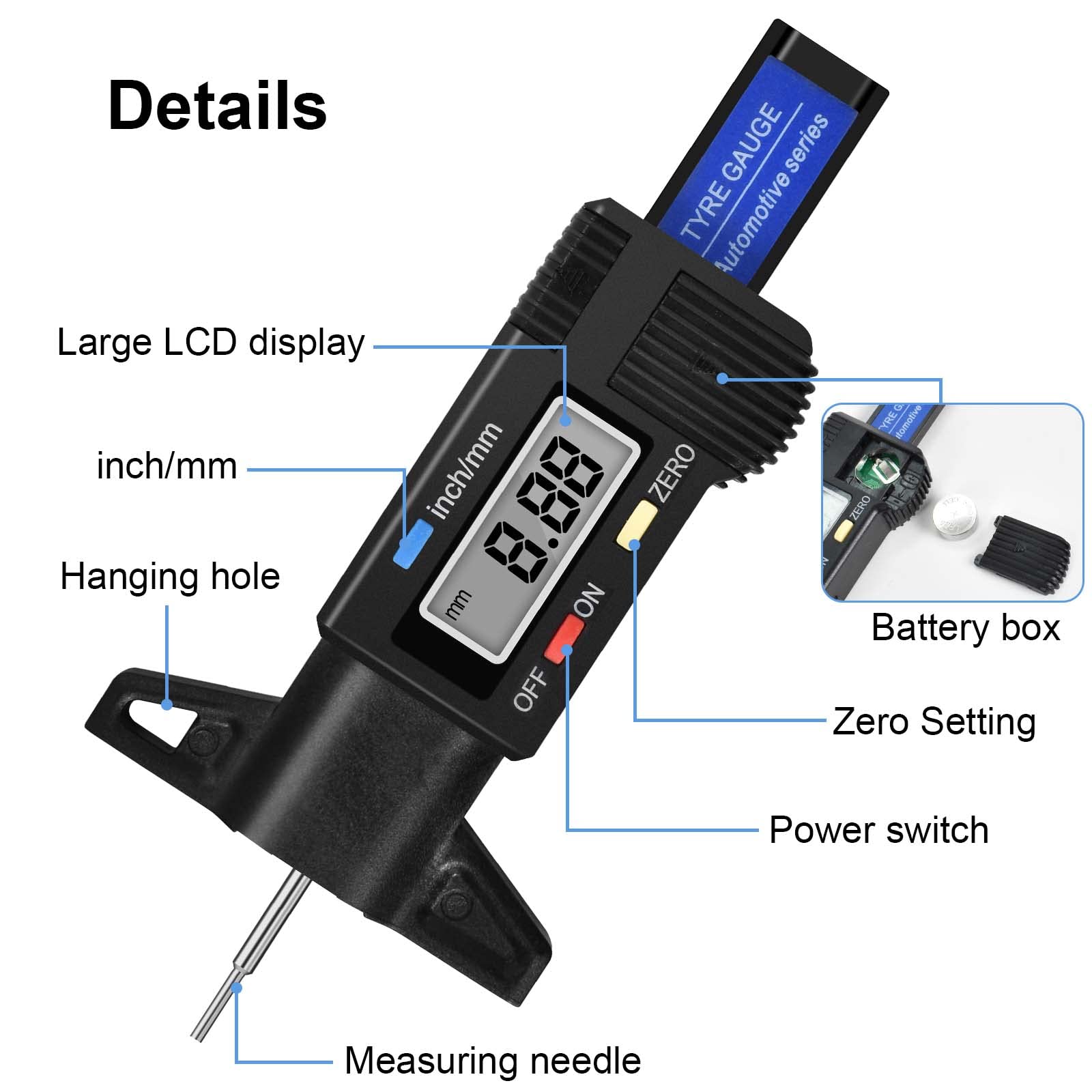 Misuratore Battistrada Pneumatici, Digitale Misuratore di Profondità Battistrada, Calibro per Spessore Battistrada Pneumatico con LCD Display, per Bicicletta Auto Camion Moto 0-25mm