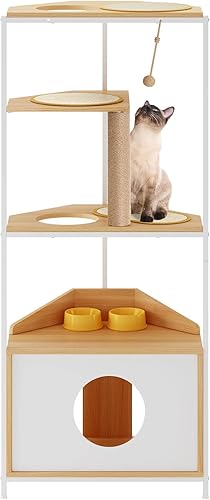soges Torre de esquina para gatos, árbol para gatos con poste rascador, condominio para gatos con estación de alimentación y plataformas de