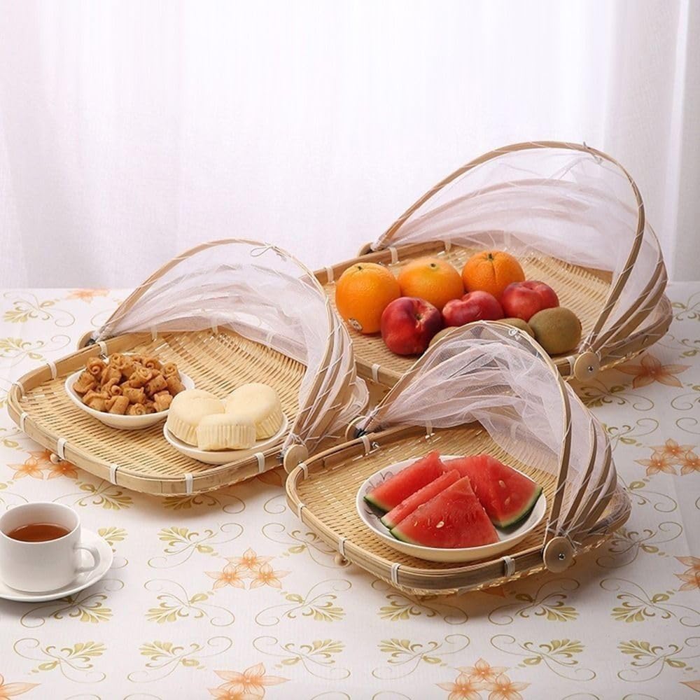 Anti-Insect Basket Anti-Mosquito Hand-Woven Tent Basket Fruit Vegetable Tray Mesh Drying Dustpan Food Storage Basket(M-Square-Shaped)