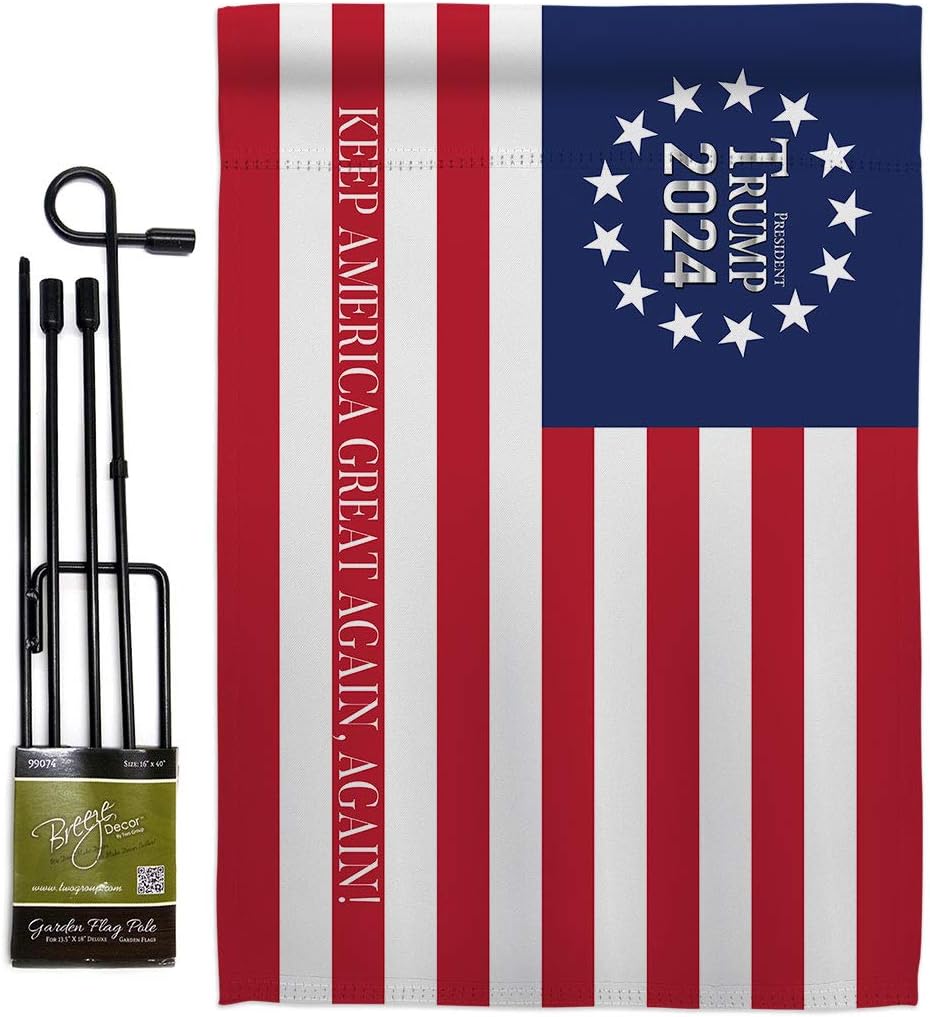 Keep America Great Again 2024 Garden Flag - Set with Stand Patriotic Vote President Democrat Republican Tea Party United State American Election - House Yard Gift Double-Sided 13 X 18.5