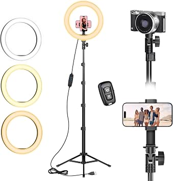 Ring Light with Tripod Stand & Phone Holder Tall 182 cm, 10 inch LED Ringlight Selfie Light with Remote & Phone Holder for Video, Filming, Makeup, YouTube, TikTok
