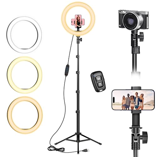 10 Zoll LED Ringlicht mit 61 Zoll Stativständer & Handyhalter, Dimmbare Tischringlicht Handystativhalter mit Ringleuchte für YouTube, Videoaufnahmen, Selfie, Live-Stream (10 Zoll)
