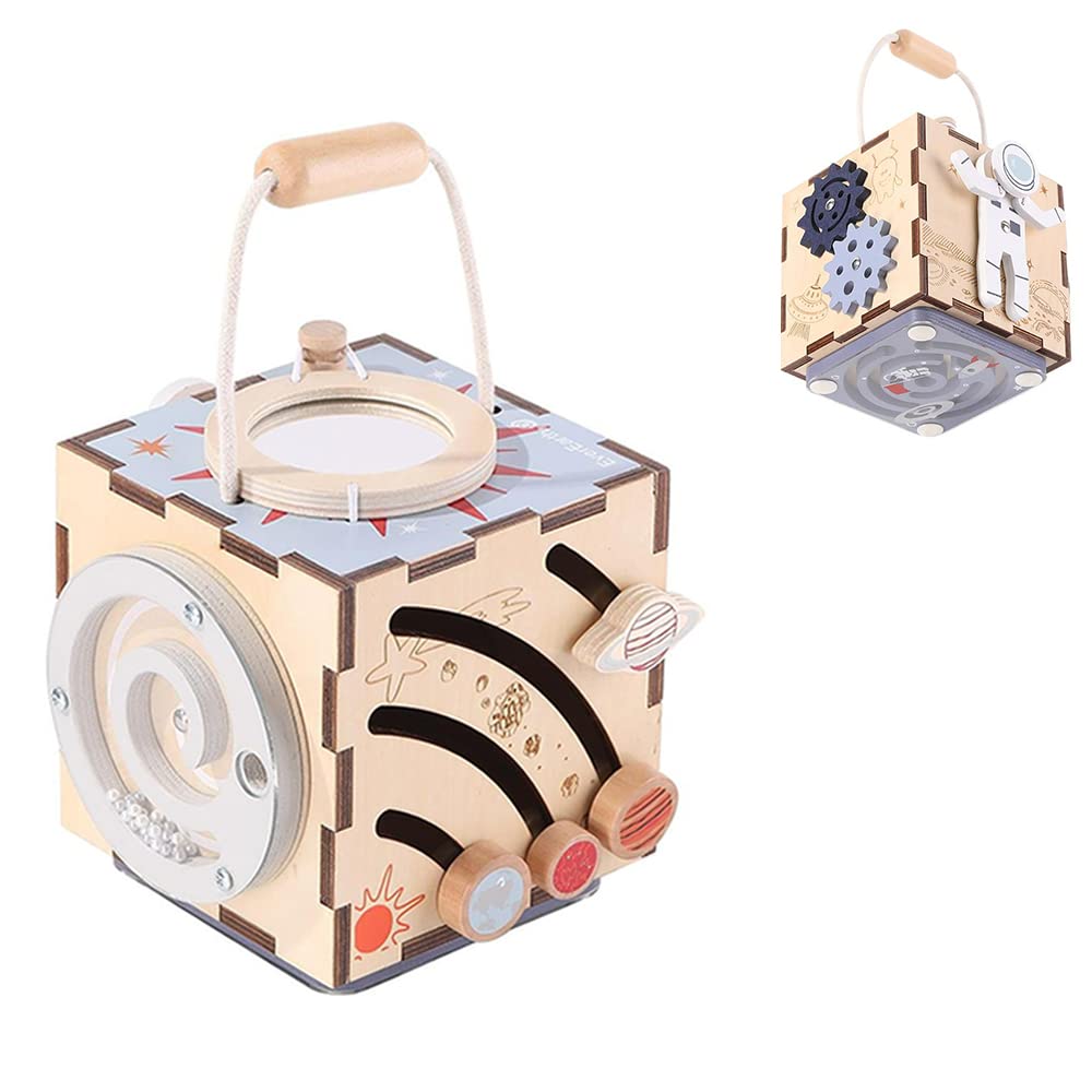 Baby Activity Cube Wooden, Space Wooden Activity Cube Toys 6 in 1 Activity Cube for Toddlers 18M+, Multi-Function Educational Learning Montessori Toys for Boys Girls Birthday