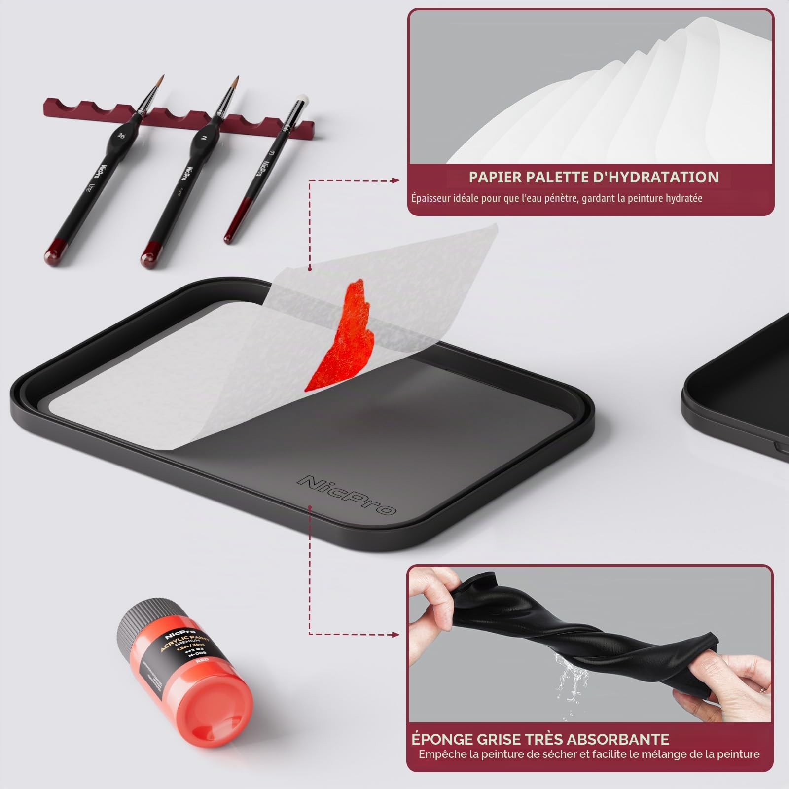 Nicpro Kit de Peinture Miniature Professionnel, Palette Peinture Humide, 16 pinceaux de détail, Pinceau Sec avec Sac en Nylon, 100 Feuilles de Papier, 4 éponges et Palette de mélange pour maquettes