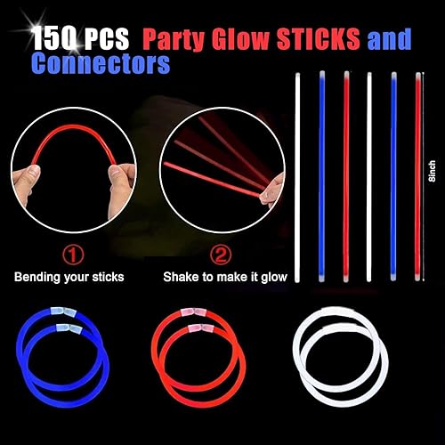 Vista 16 de 150 varillas azules brillantes con conectores a granel de 8 pulgadas, pulseras y collares que brillan en la oscuridad, suministros de fiesta de neón