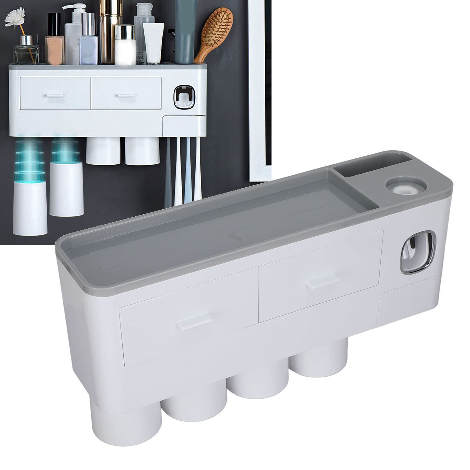 Juego de Soporte para Cepillos de Dientes de Pared con Dispensador Automático de Pasta de Dientes para Baño, Ahorro de Espacio, Color Gris
