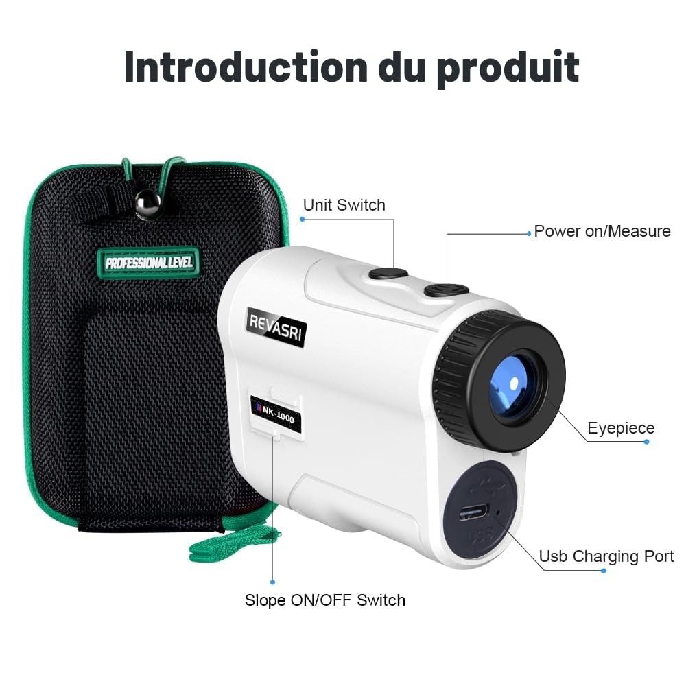 REVASRI Télémètre de golf avec vibration de verrouillage de pente et de mât de drapeau, interrupteur de pente externe pour tournoi de golf, télémètres avec batterie rechargeable 1000 yds laser