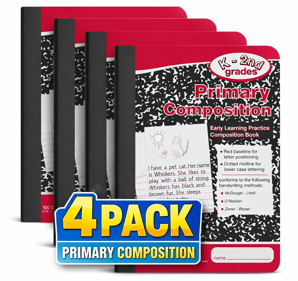 1InTheOffice Primary Composition Notebook K-2, Primary Journal, Kindergarten Notebook, 7.5" x 9.75", 100/Sheets, Red/Black Marble, 4 Pack