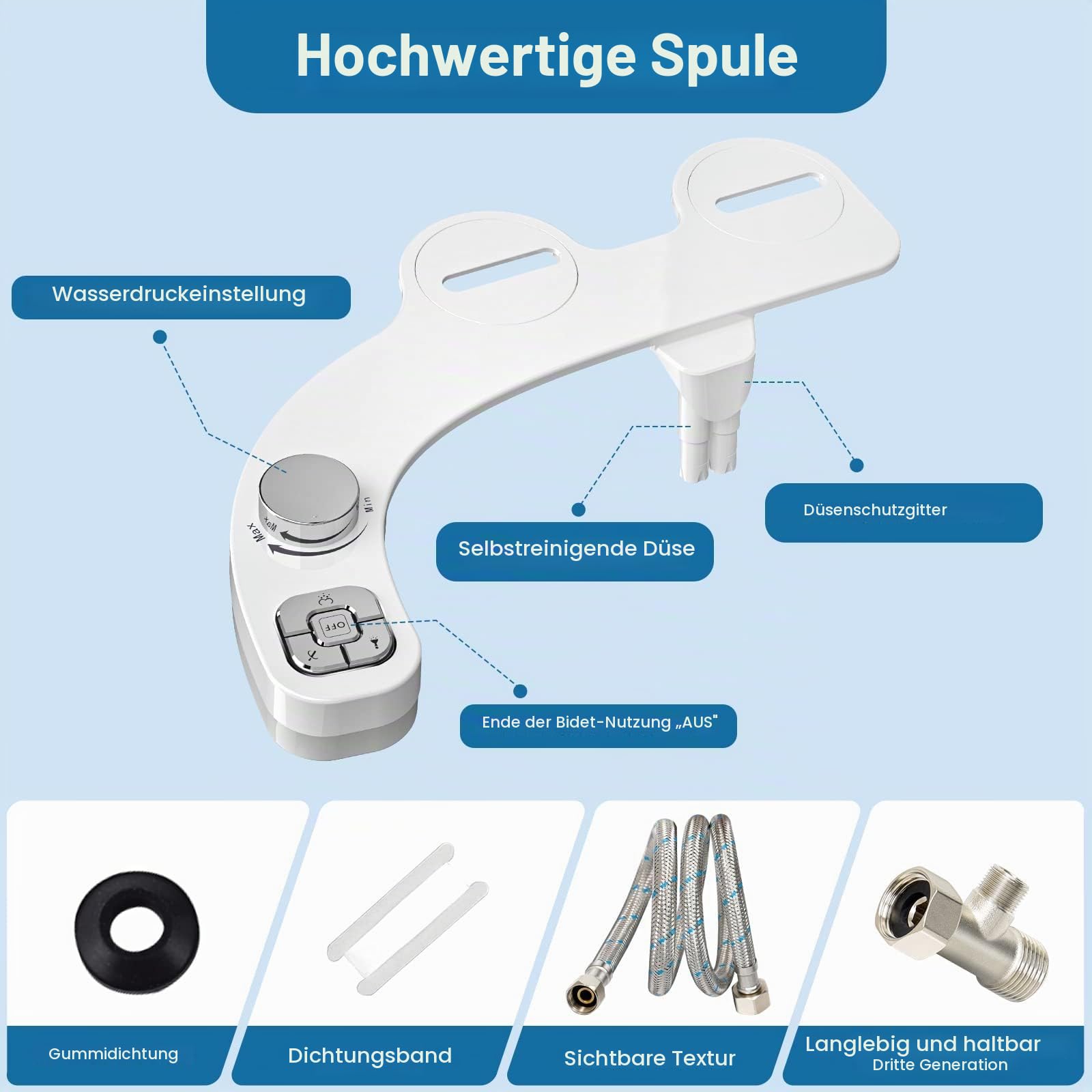Bidet Aufsatz Für Toilette, Nichtelektrisch Schlankes Druckknopf Bidet WC, Einziehbare Selbstreinigende Doppeldüsen（Verstopfungsschutz）Und Drehknopf Zur Einstellung Des Wasserdrucks (Silber)