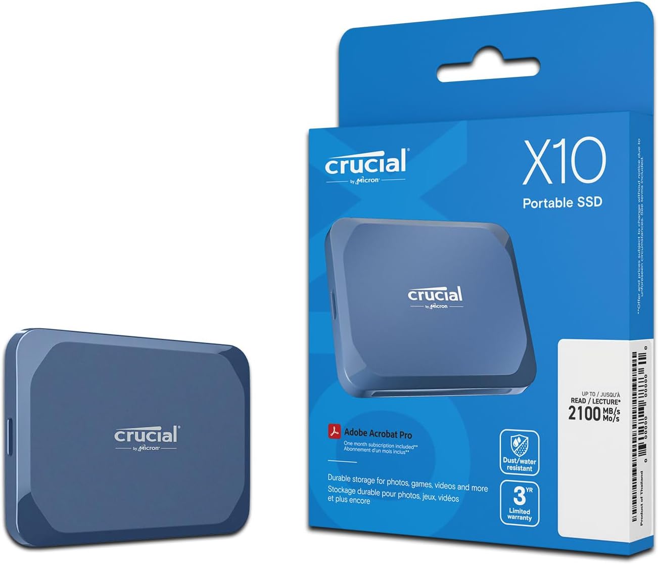 Crucial X10 External SSD 1TB USB 3.2/Type-C iPhone 15 Series Operation Verified Maximum Read Speed 2100MB/s Official Dealer Guaranteed Mylio Model CT1000X10SSD9-02