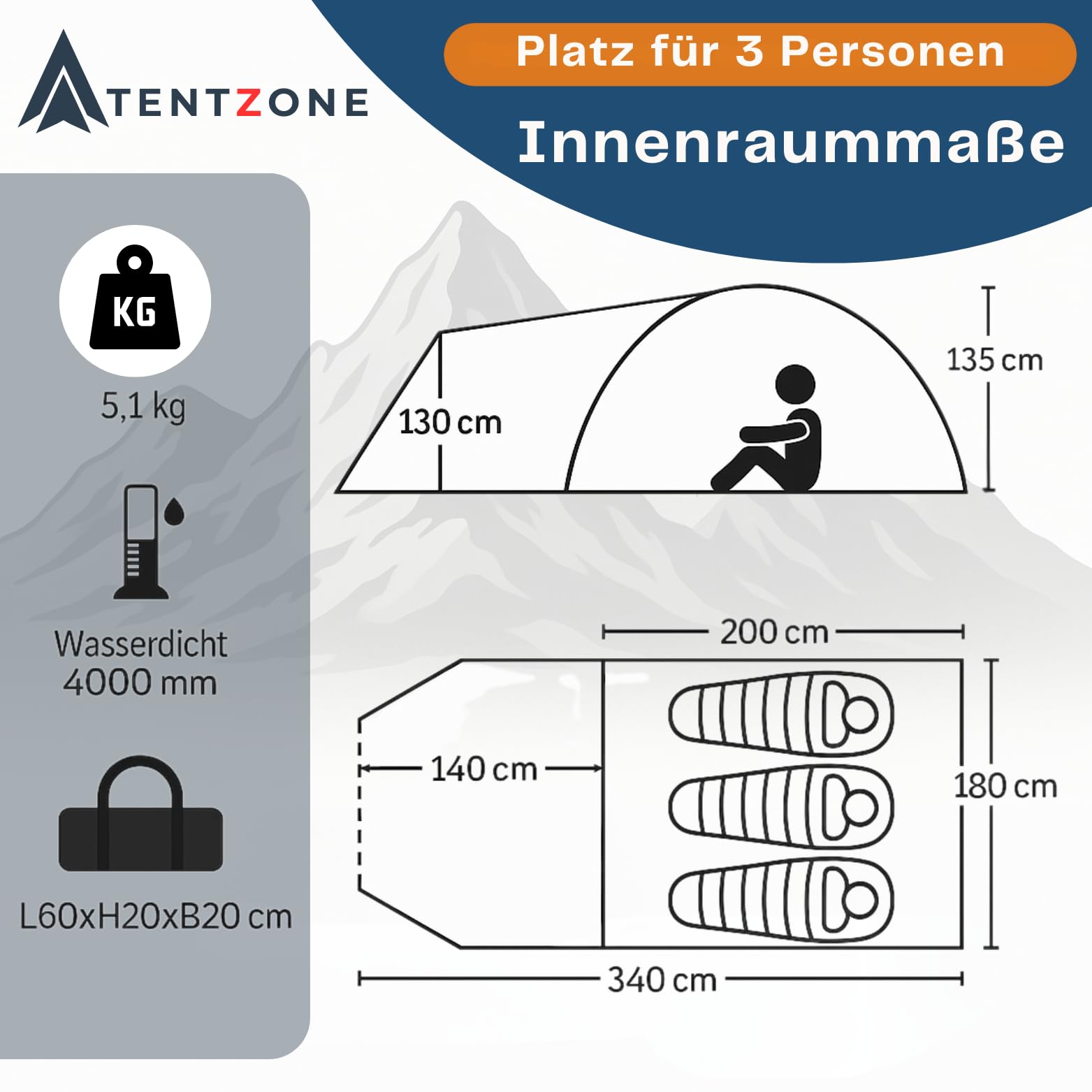 Dome 01, Wasserdicht 4000mm, 2-3 Personen Campingzelt, Vorraum mit abnehmbare Bodenplane, Belüftungsöffnungen, Grün